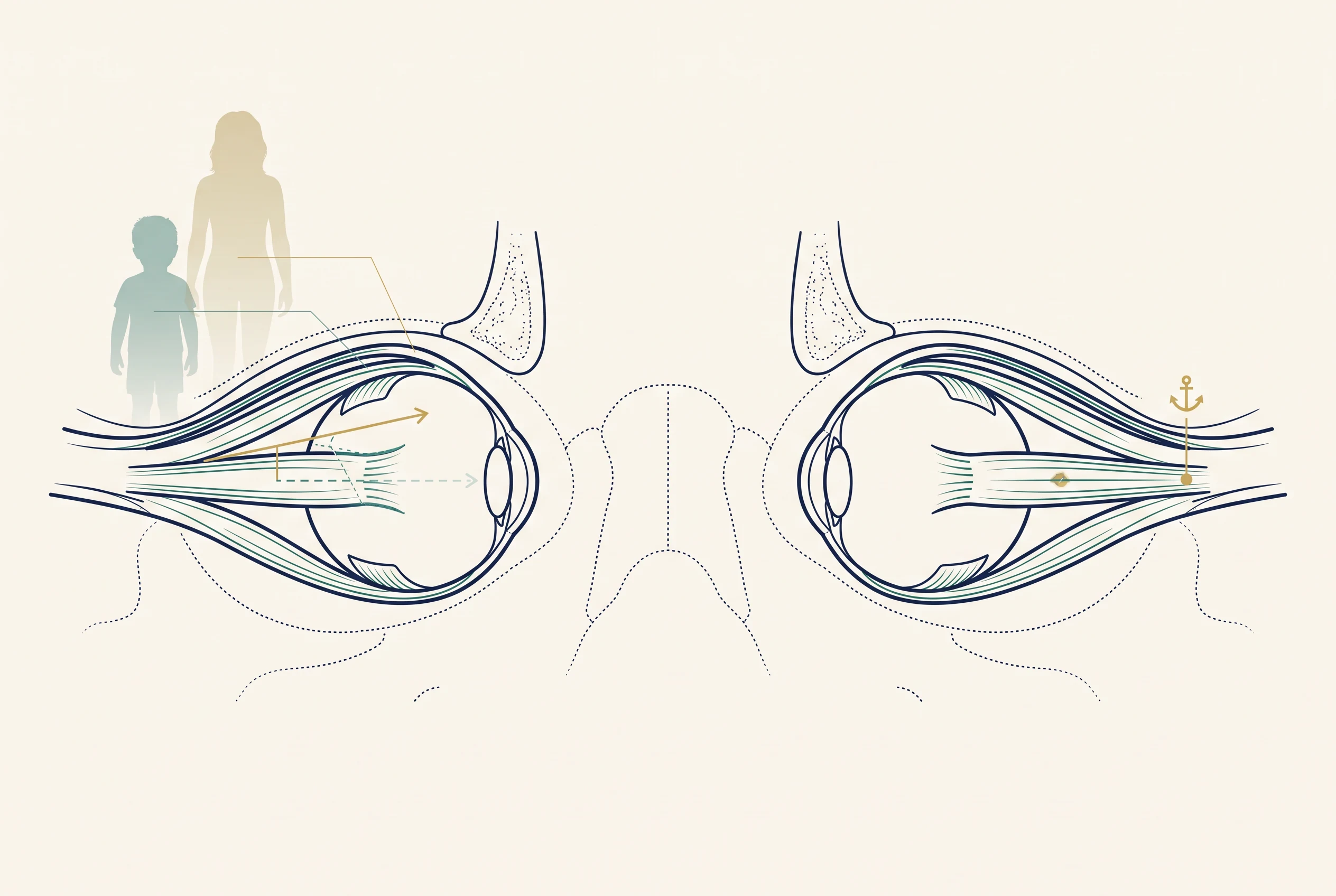 Ilustração clínica do desalinhamento ocular e do planejamento individualizado de reposicionamento dos músculos extraoculares