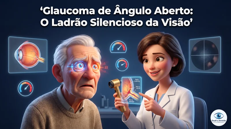 Capa ilustrativa do artigo "Glaucoma de Ângulo Aberto: O Ladrão Silencioso da Visão" sobre glaucoma no blog da Drudi e Almeida Oftalmologia.