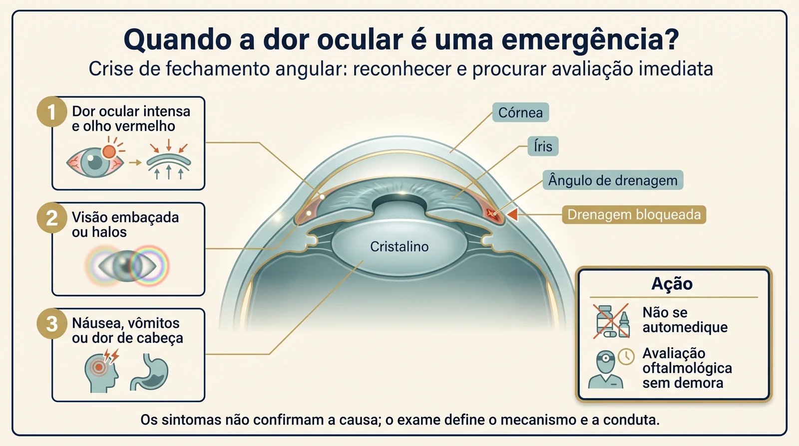 Prancha clínica mostrando sinais de alerta de crise de fechamento angular e o ângulo de drenagem do olho.