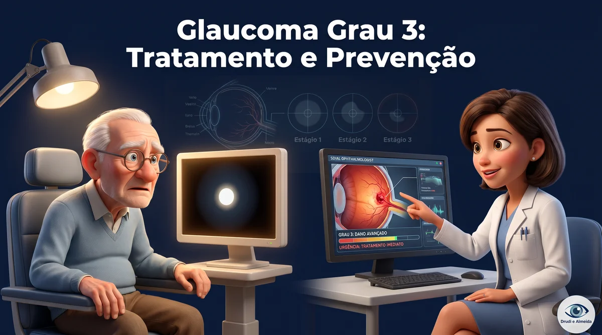Capa ilustrativa do artigo "Glaucoma Grau 3: O que Significa e Como Tratar" sobre glaucoma no blog da Drudi e Almeida Oftalmologia.