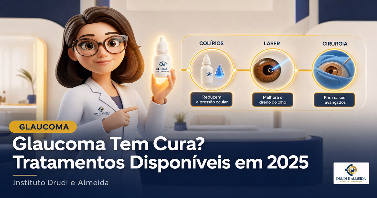 Capa ilustrativa do artigo "Glaucoma Tem Cura? Entenda os Tratamentos e Controle da Doença" sobre glaucoma no blog da Drudi e Almeida Oftalmologia.