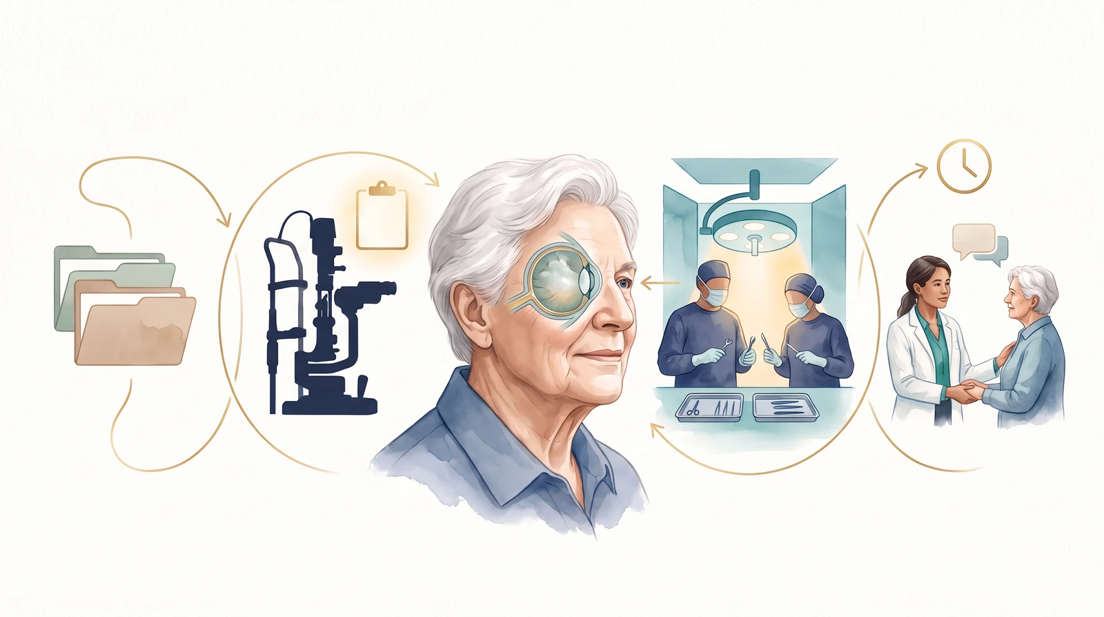 Ilustração educativa de pessoa idosa, avaliação oftalmológica, ambiente cirúrgico e acompanhamento conectados como linha de cuidado em catarata