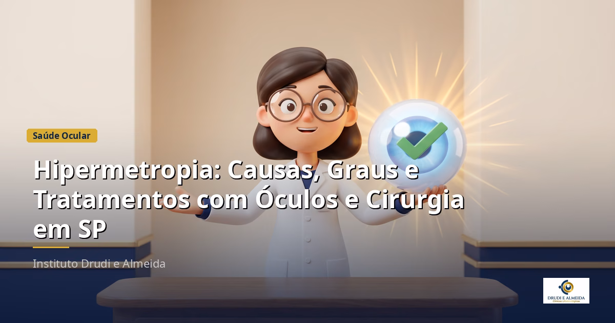 Capa ilustrativa do artigo "Hipermetropia: Causas, Graus e Tratamentos com Óculos e Cirurgia em SP" sobre saúde ocular no blog da Drudi e Almeida Oftalmologia.