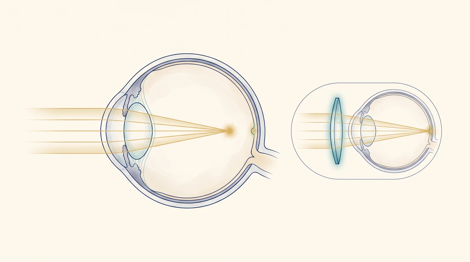 Ilustração clínica de um olho hipermétrope com foco de luz atrás da retina e correção por lente convergente