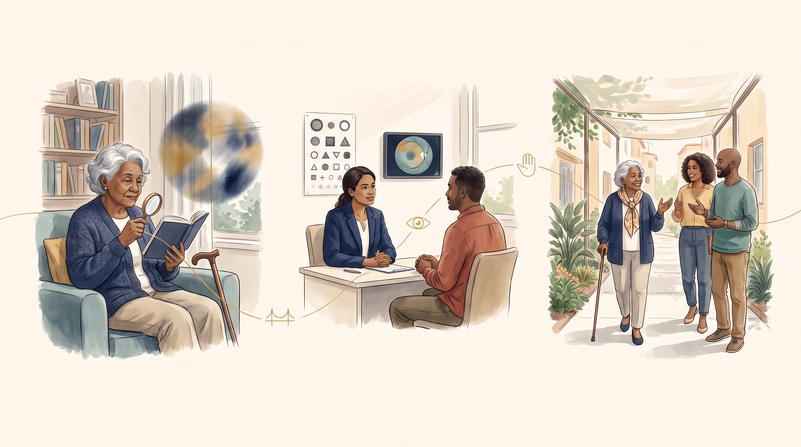 Ilustração editorial de pessoa idosa com recurso de apoio visual, consulta oftalmológica e participação comunitária