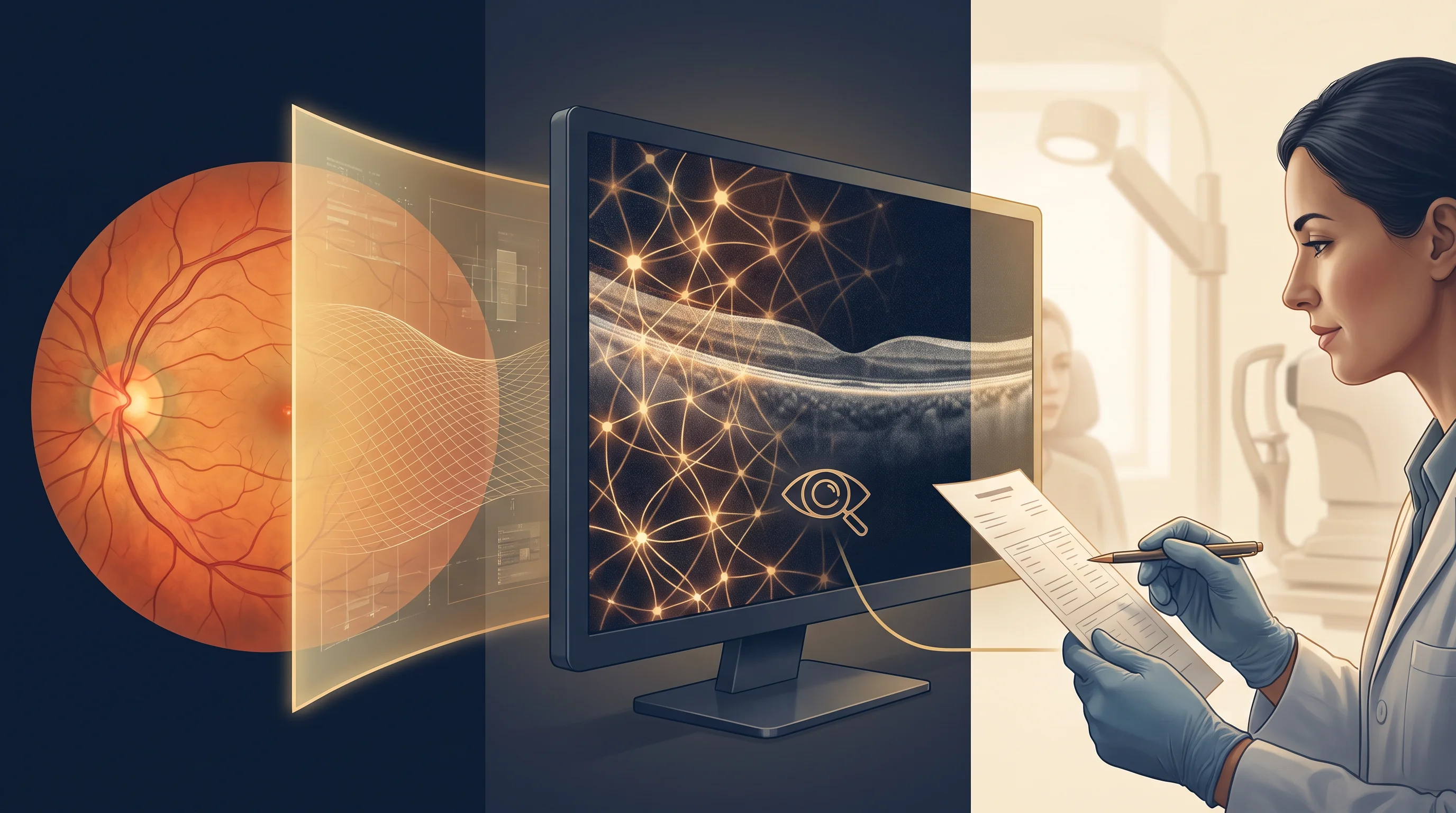 Prancha clínica mostrando foto de retina e OCT analisados por uma camada de inteligência artificial, com avaliação final por oftalmologista.