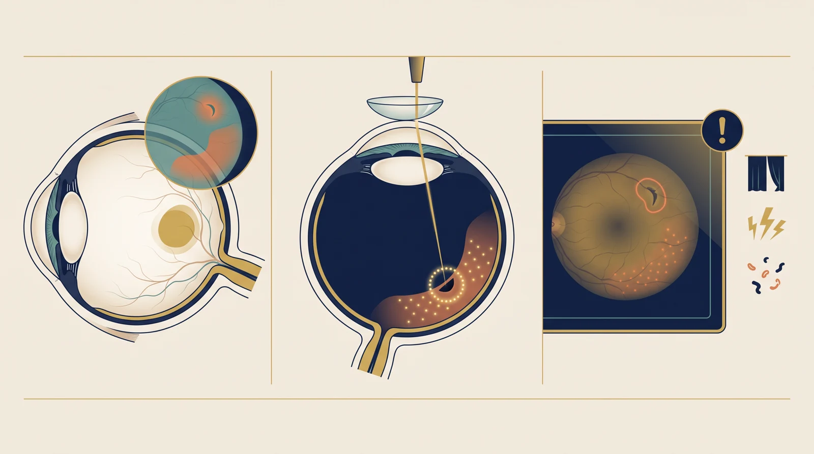 Três painéis anatômicos mostram avaliação de retina, aplicação precisa de laser e sinais que exigem nova avaliação