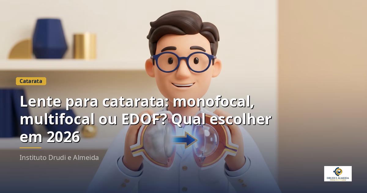 Capa ilustrativa do artigo "Lente para catarata: monofocal, multifocal ou EDOF? Qual escolher em 2026" sobre catarata no blog da Drudi e Almeida Oftalmologia.