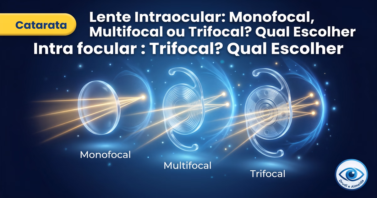 Capa ilustrativa do artigo "Lente Intraocular: Monofocal, Multifocal ou Trifocal? Qual Escolher" sobre catarata no blog da Drudi e Almeida Oftalmologia.