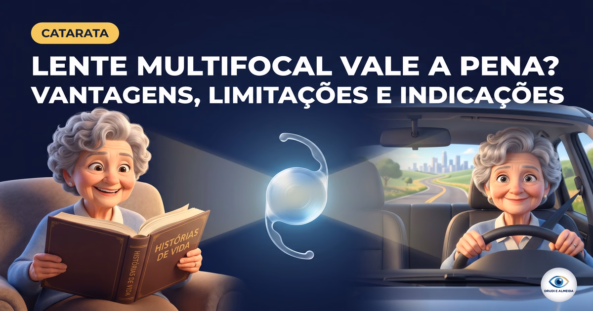 Capa ilustrativa do artigo "Lente Multifocal Vale a Pena? Vantagens, Limitações e Indicações" sobre catarata no blog da Drudi e Almeida Oftalmologia.