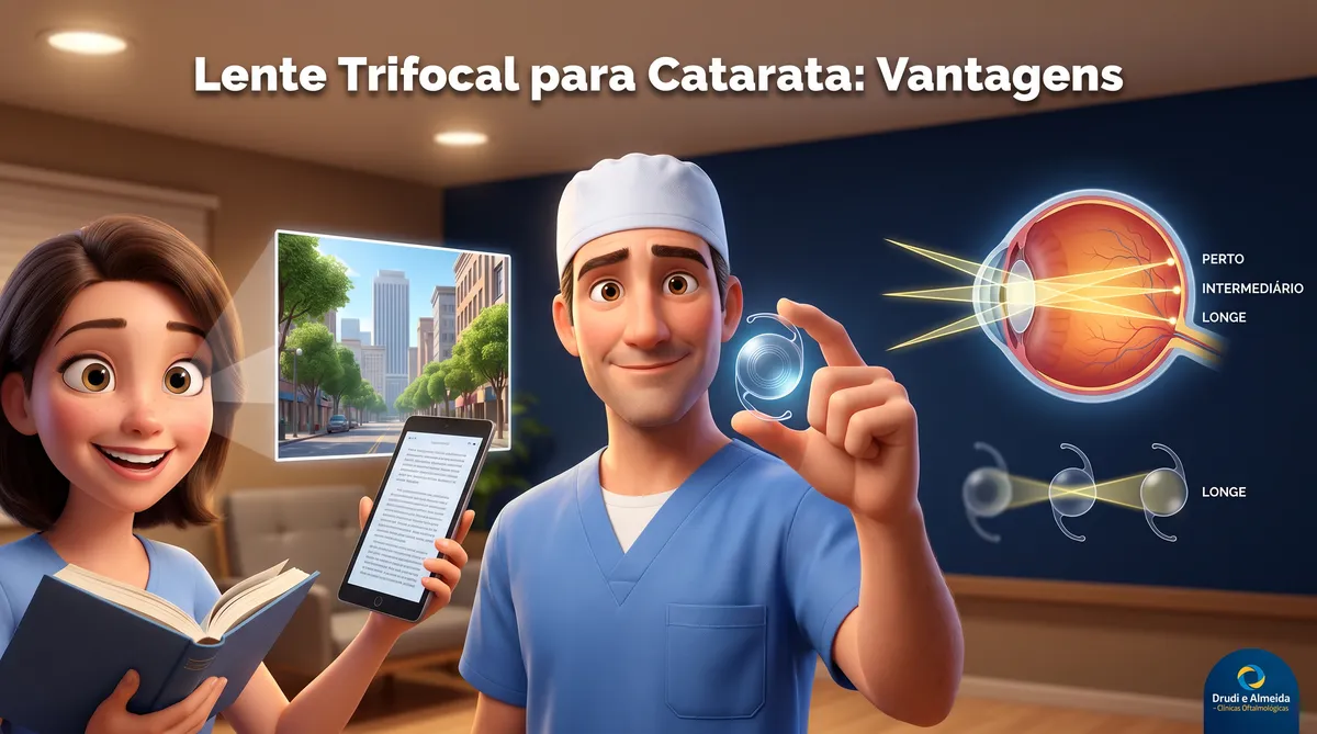 Capa ilustrativa do artigo "Lente Trifocal: Enxergue Longe e Perto Sem Óculos" sobre catarata no blog da Drudi e Almeida Oftalmologia.