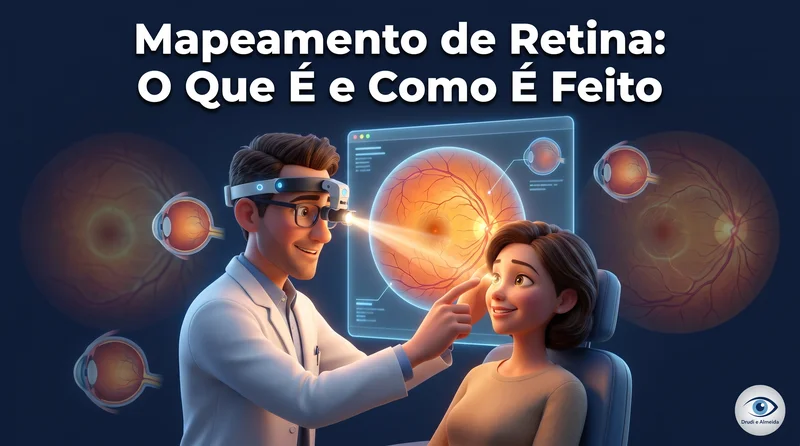 Oftalmologista 3D Pixar realizando mapeamento de retina com equipamento futurista e holografia da retina