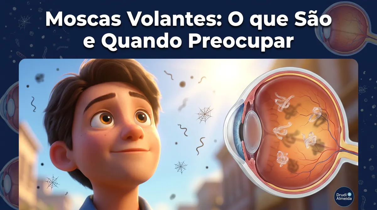 Capa ilustrativa do artigo "Moscas Volantes nos Olhos: Causas, Riscos" sobre retina no blog da Drudi e Almeida Oftalmologia.