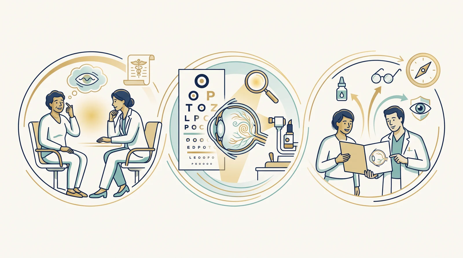 Ilustração editorial em três etapas mostrando paciente em conversa clínica, avaliação ocular e orientação personalizada após a consulta