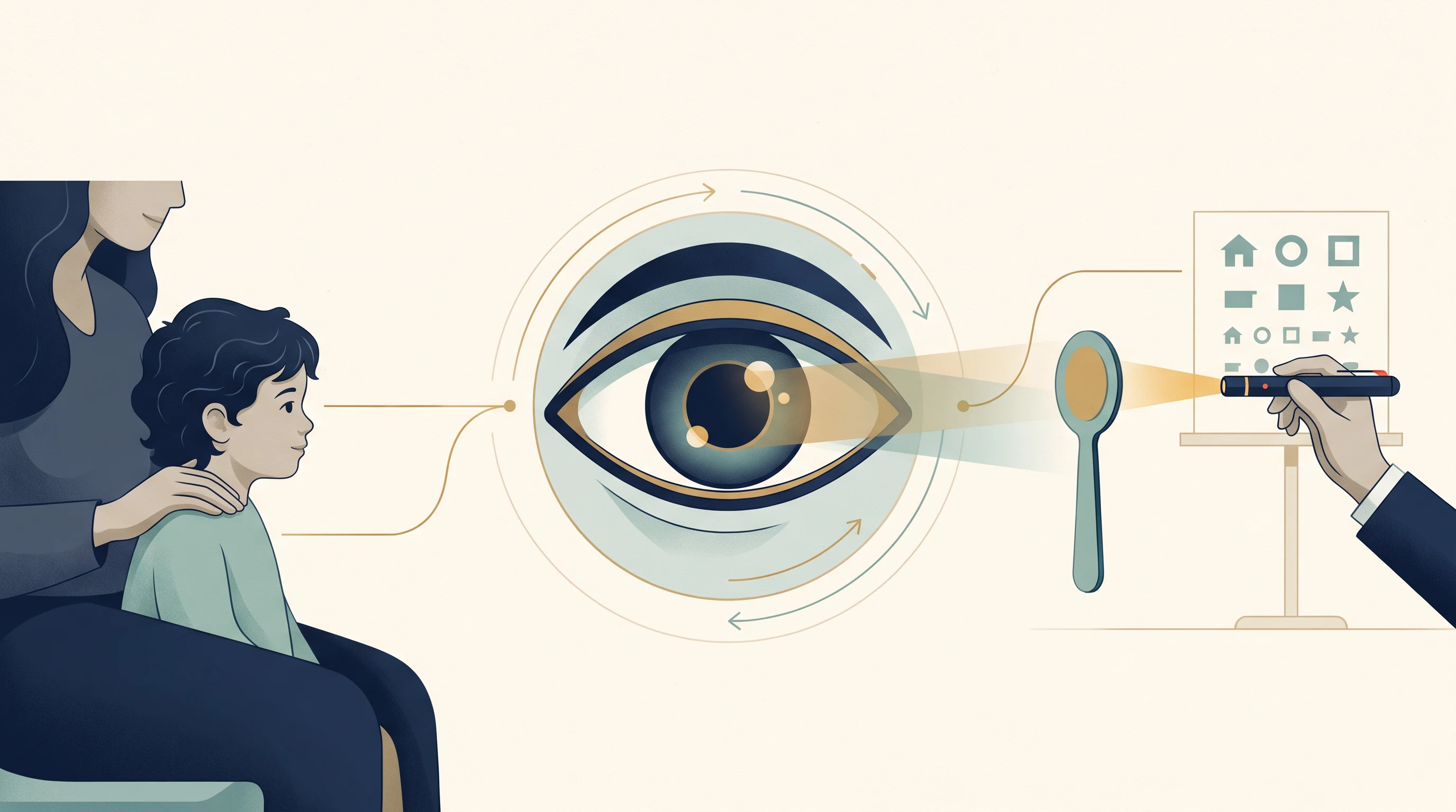 Ilustração editorial de criança acompanhada por responsável, olho em destaque e recursos de avaliação visual infantil, representando observação, exame e orientação individualizada.
