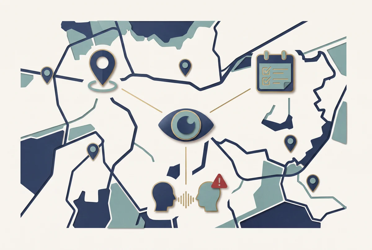Ilustração editorial de um olho conectado à escolha da unidade, ao preparo da consulta e à conversa clínica