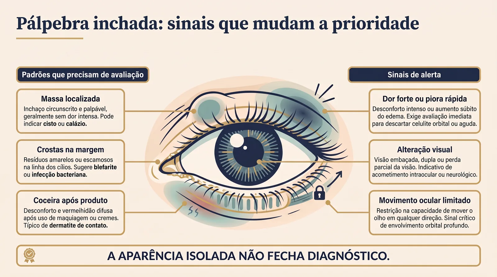 Prancha clínica original mostrando olho e pálpebra com padrões que precisam de avaliação e sinais de alerta como dor forte, alteração visual e movimento ocular limitado.
