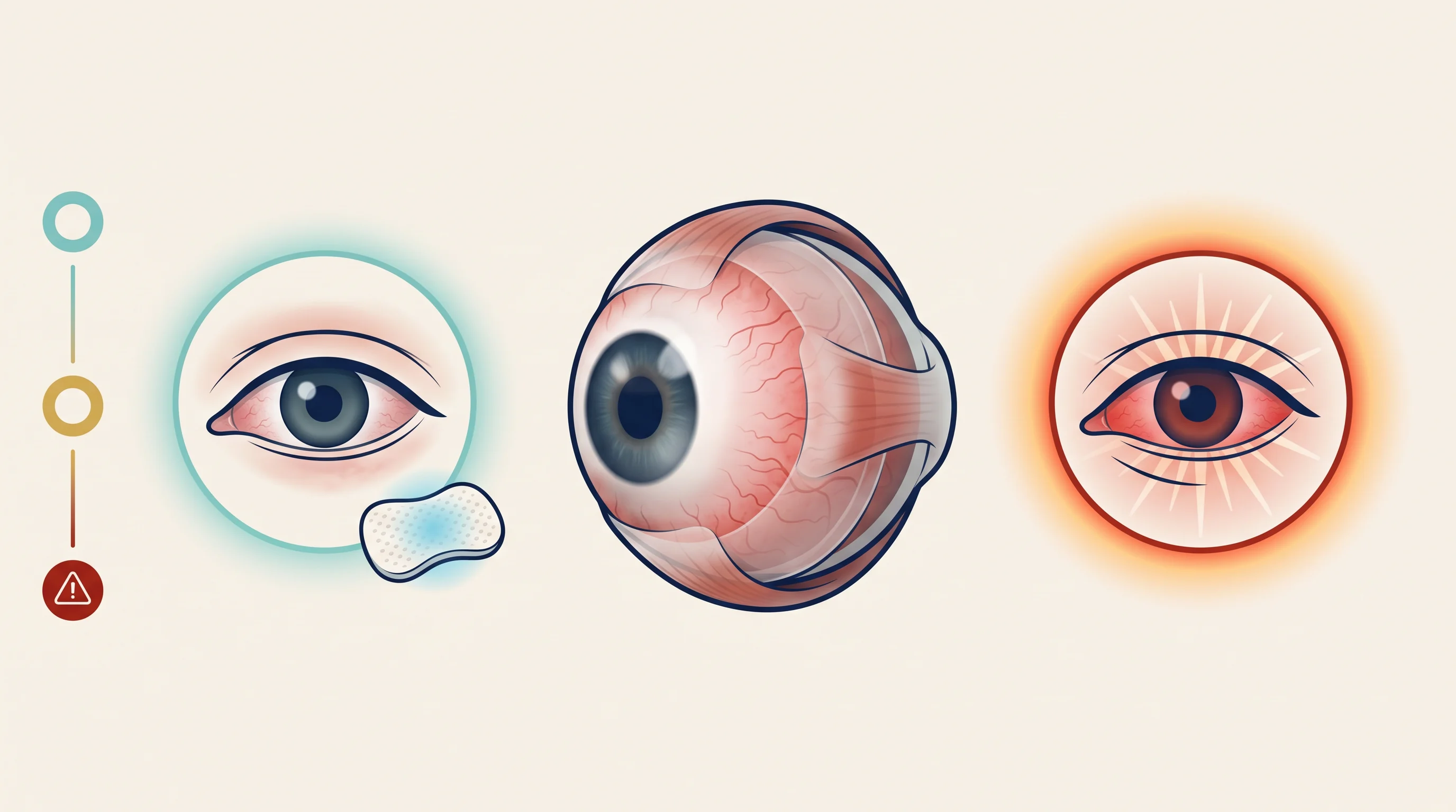 Ilustração de triagem visual do olho vermelho, com gradação de sintomas e alerta para sinais de urgência.
