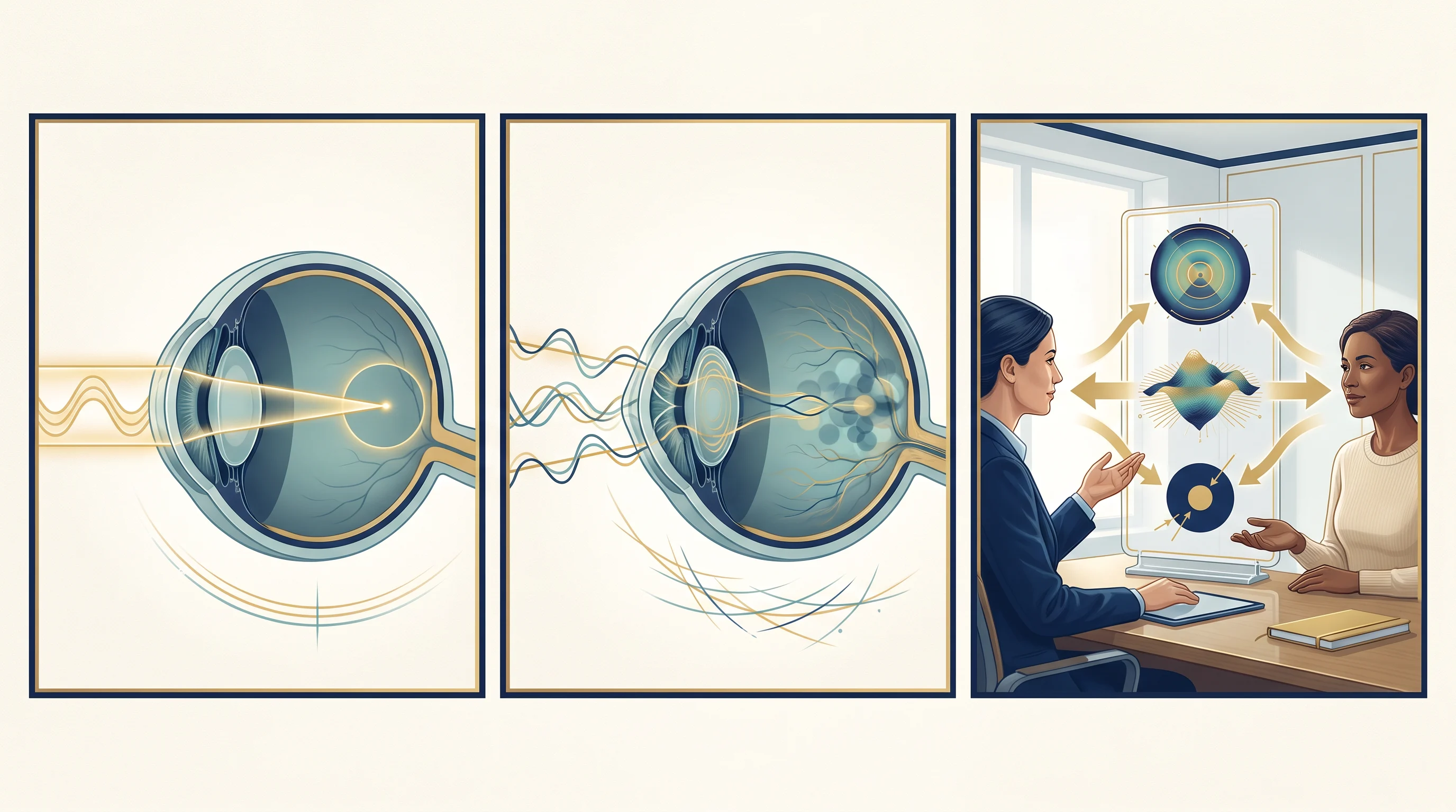 Prancha clínica em três painéis mostrando a luz atravessando o olho, uma frente de onda distorcida e conversa médica para interpretar mapas ópticos