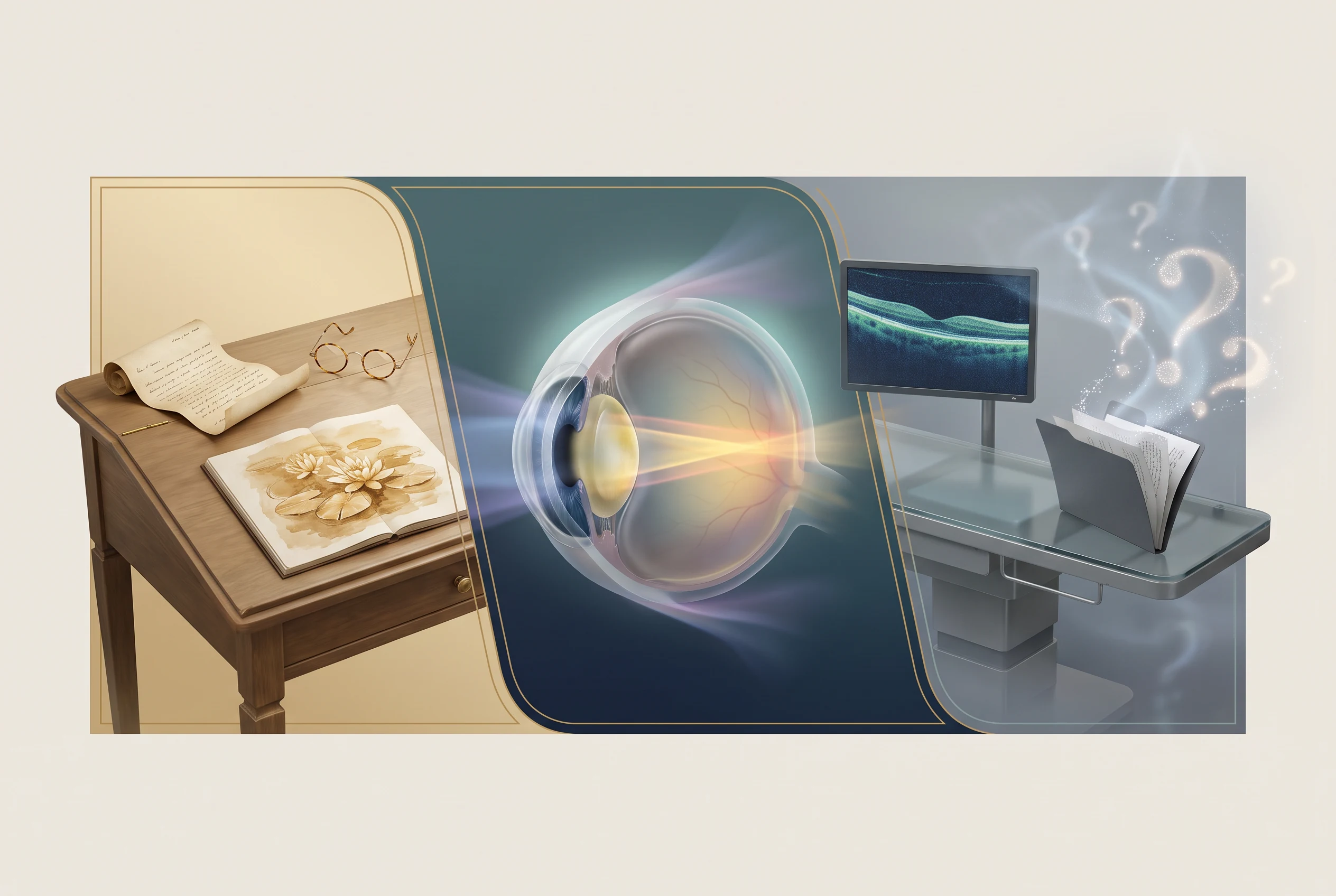 Prancha clínica original que relaciona arquivo histórico, cristalino com catarata, avaliação retiniana contemporânea e os limites da hipótese diagnóstica