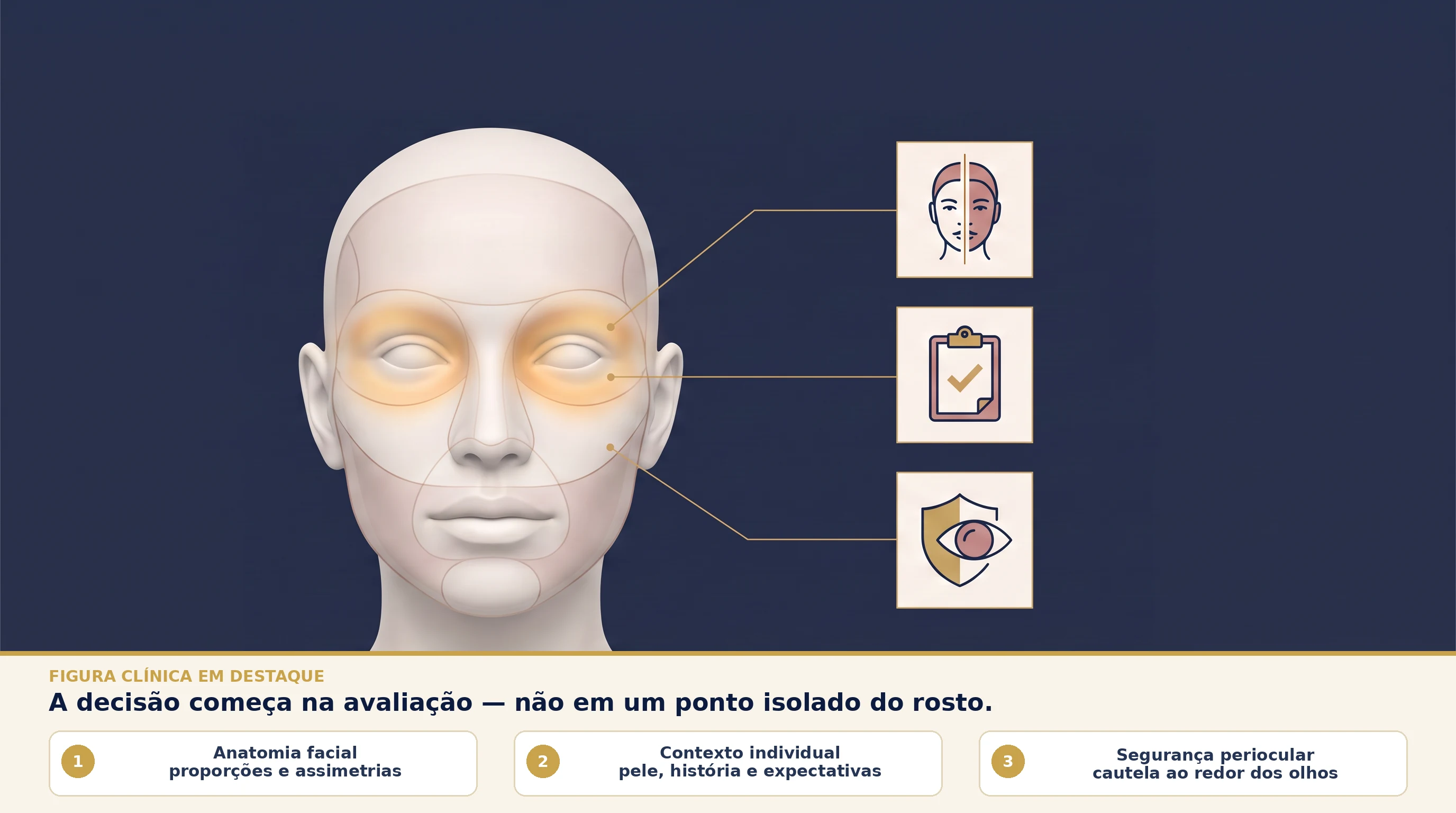 Prancha clínica com face estilizada, contornos do rosto e região periocular em destaque, conectada a símbolos de avaliação, histórico e atenção à segurança ocular