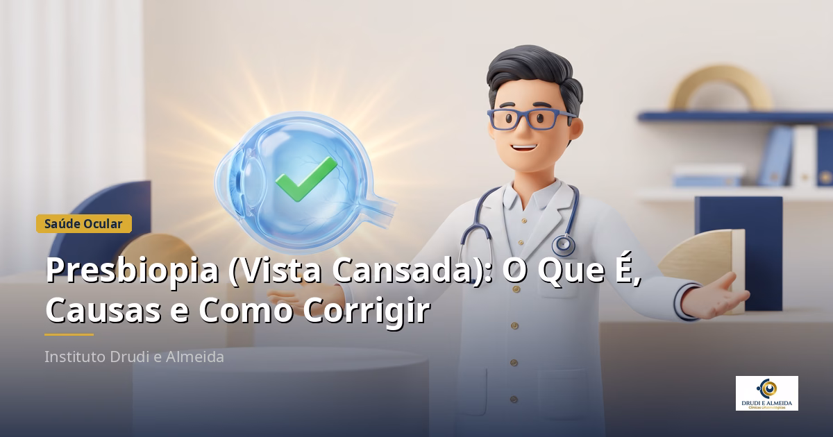 Capa ilustrativa do artigo "Presbiopia (Vista Cansada): O Que É, Causas e Como Corrigir" sobre saúde ocular no blog da Drudi e Almeida Oftalmologia.