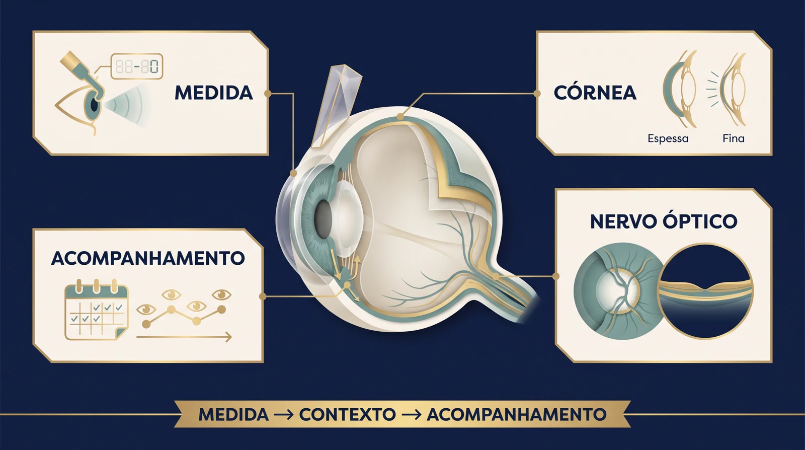 Prancha clínica com olho em corte, tonometria, córnea, nervo óptico e caminho de medida, contexto e acompanhamento na hipertensão ocular.
