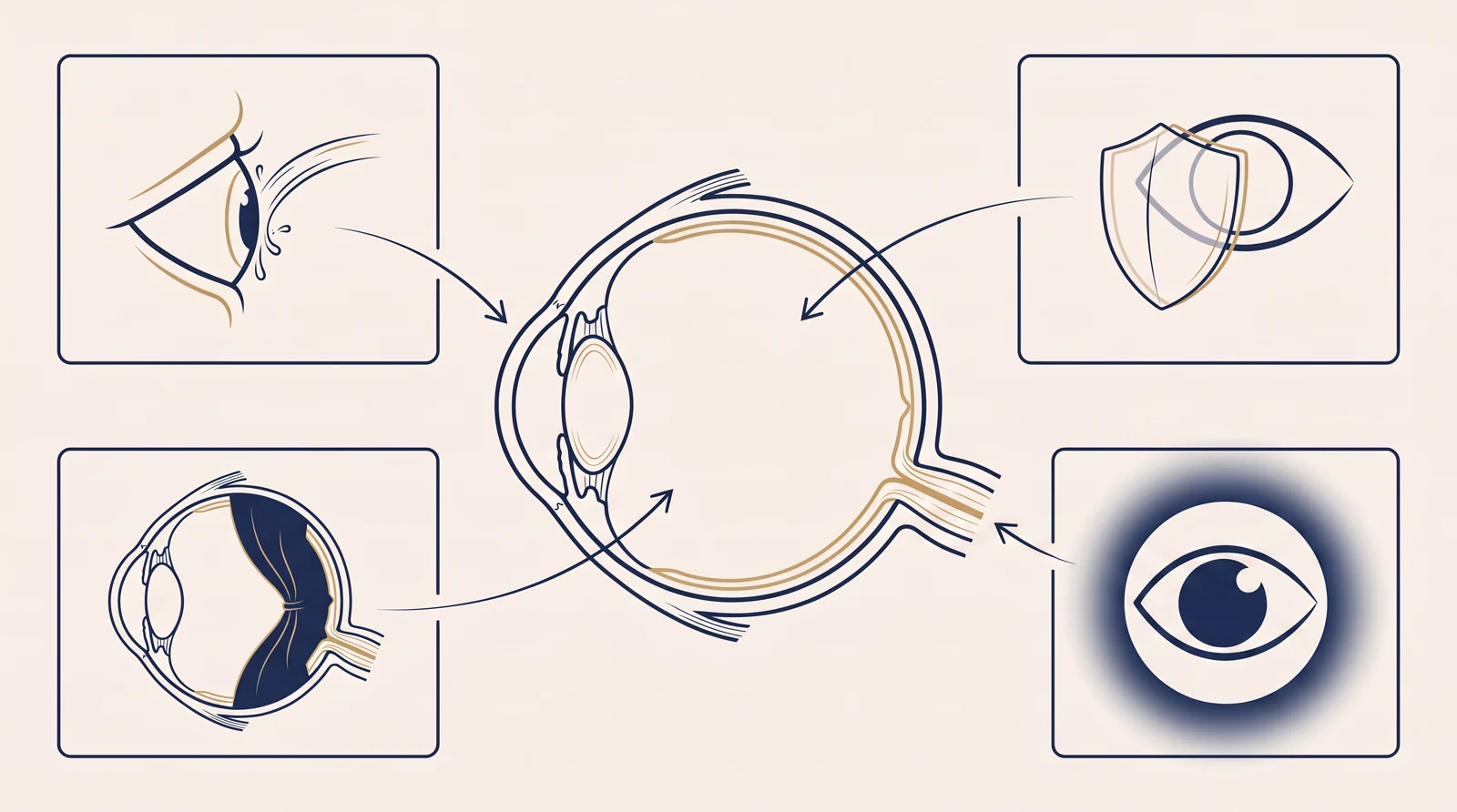 Ilustração clínica de um olho em corte com quatro contextos de urgência: produto químico, proteção sem pressão após trauma, sombra periférica e redução visual.