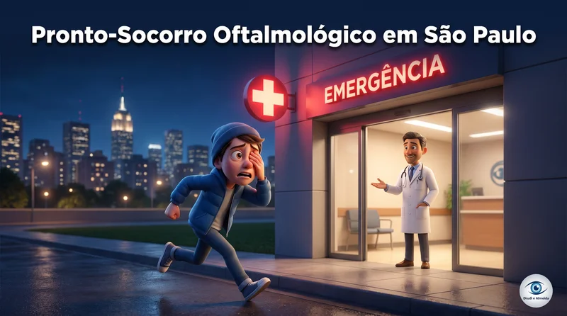 Personagem 3D Pixar correndo para clínica oftalmológica de emergência em São Paulo