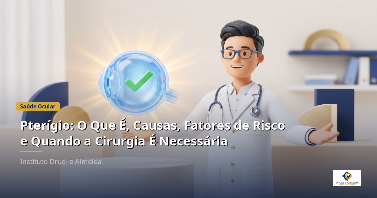 Capa ilustrativa do artigo "Pterígio: O Que É, Causas, Fatores de Risco e Quando a Cirurgia É Necessária" sobre saúde ocular no blog da Drudi e Almeida Oftalmologia.