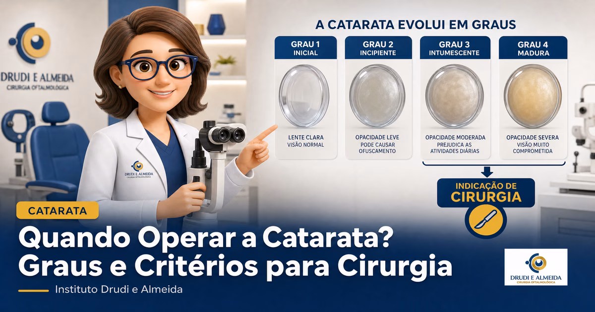 Capa ilustrativa do artigo "Quando Operar a Catarata? O Momento Ideal para a Cirurgia" sobre catarata no blog da Drudi e Almeida Oftalmologia.