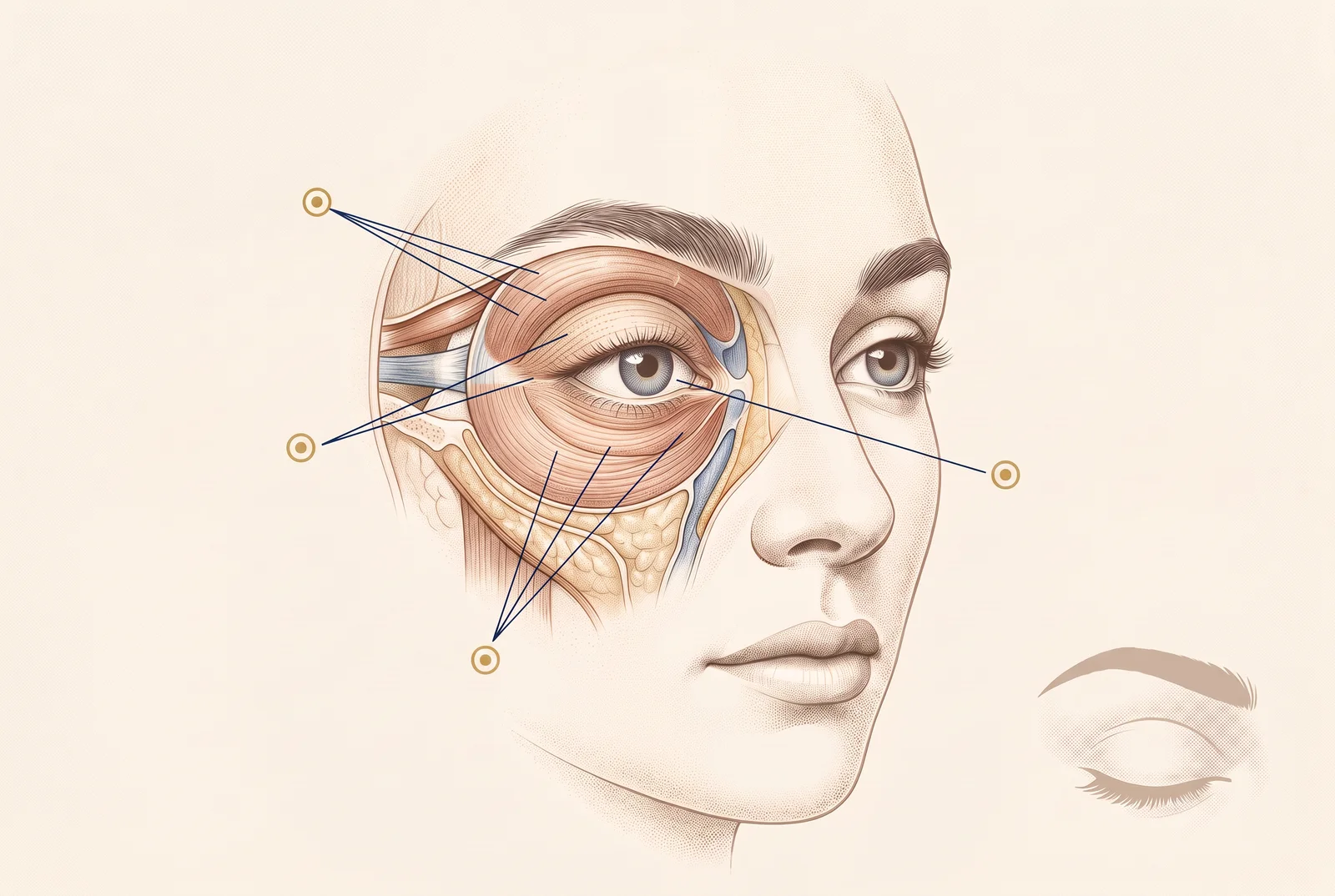 Ilustração clínica de uma face com corte anatômico ao redor de um olho, conectando sobrancelha, pálpebras, sulco lacrimal, bochecha e função ocular