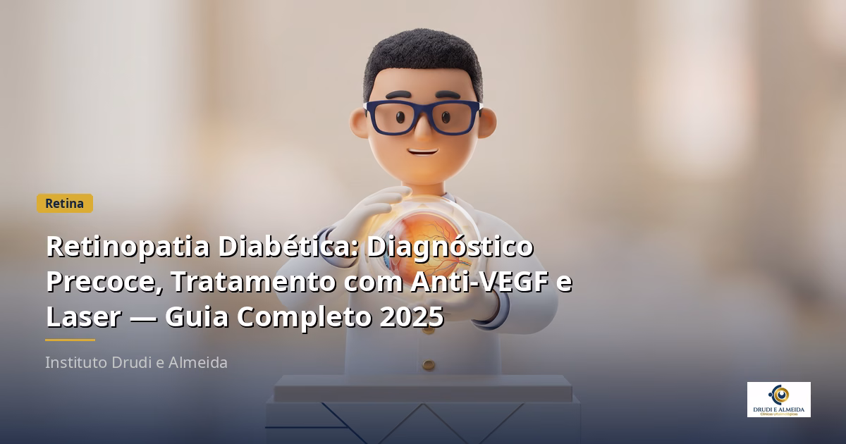 Capa ilustrativa do artigo "Retinopatia Diabética: Diagnóstico Precoce, Tratamento com Anti-VEGF e Laser — Guia Completo 2025" sobre retina no blog da Drudi e Almeida Oftalmologia.