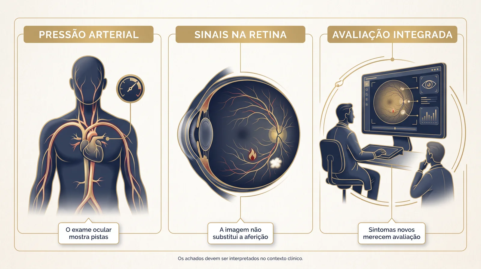 Prancha clínica em três painéis mostrando relação entre pressão arterial, sinais na retina e avaliação integrada