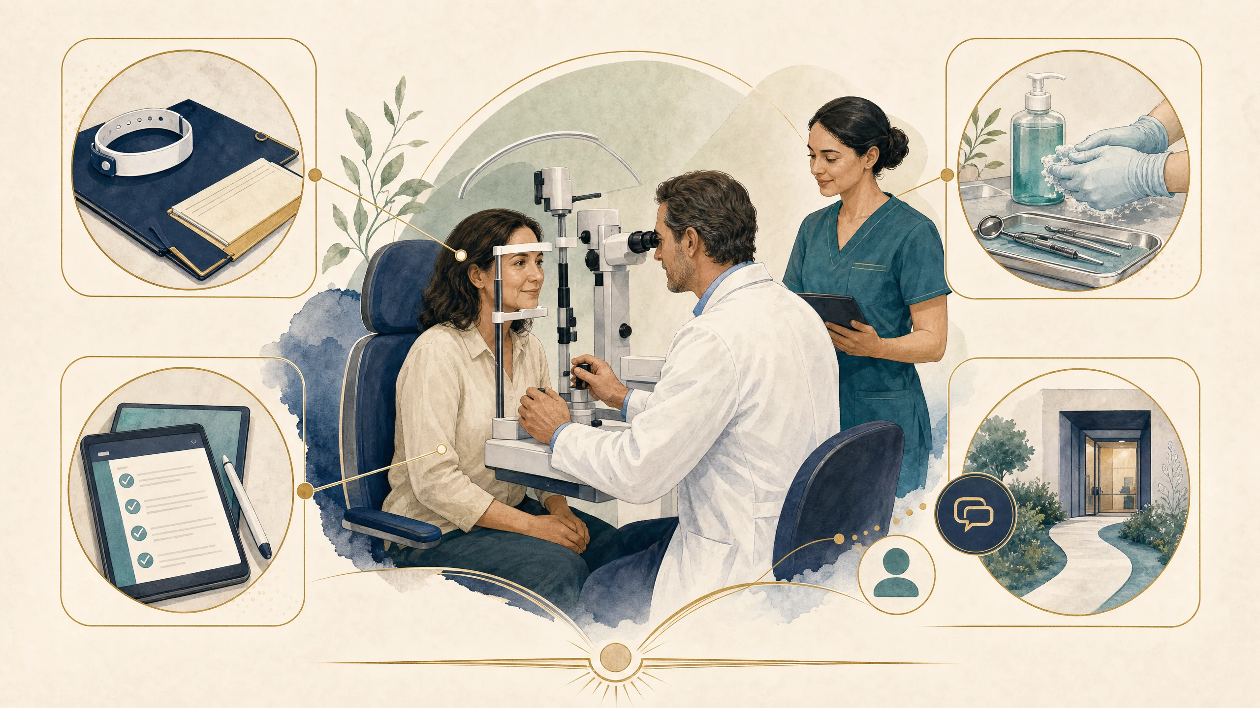 Ilustração editorial de pessoa em avaliação oftalmológica com símbolos de identificação, higiene, registro e acompanhamento