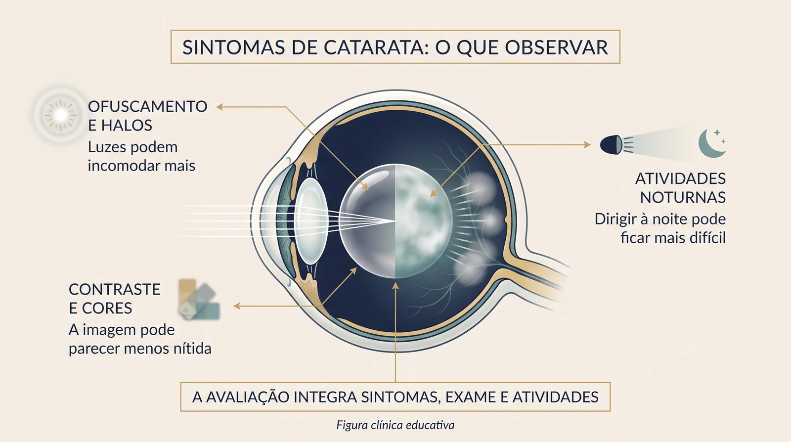 Prancha clínica mostrando um corte do olho com cristalino transparente e opacificado, associando catarata a ofuscamento, halos, alteração de contraste e dificuldades noturnas.