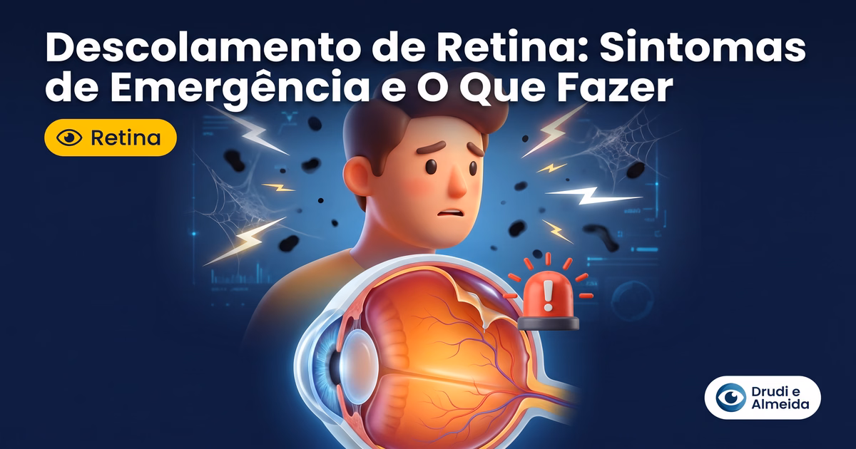 Capa ilustrativa do artigo "Sintomas de Descolamento de Retina: Sinais de Emergência" sobre retina no blog da Drudi e Almeida Oftalmologia.