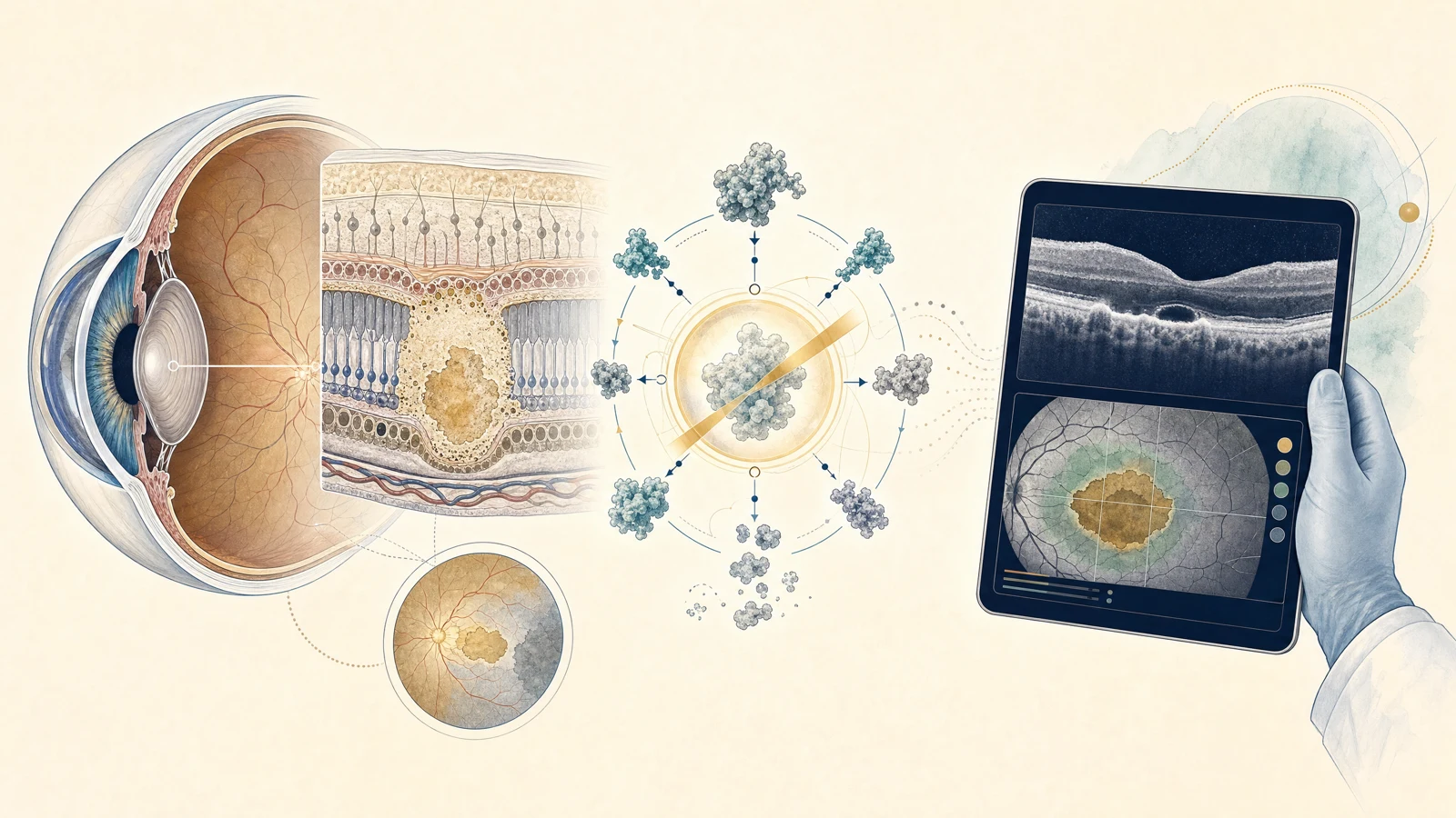 Ilustração clínica da mácula com atrofia geográfica, via do complemento e imagens de retina para decisão individualizada