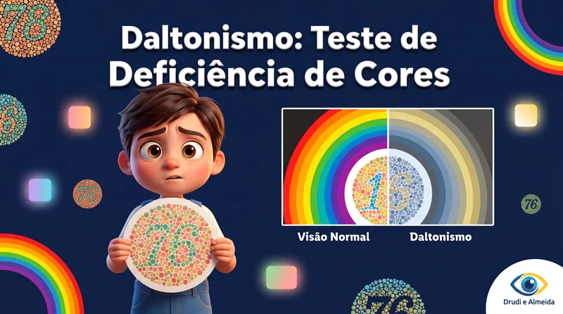 Personagem 3D Pixar segurando uma placa de teste Ishihara para daltonismo