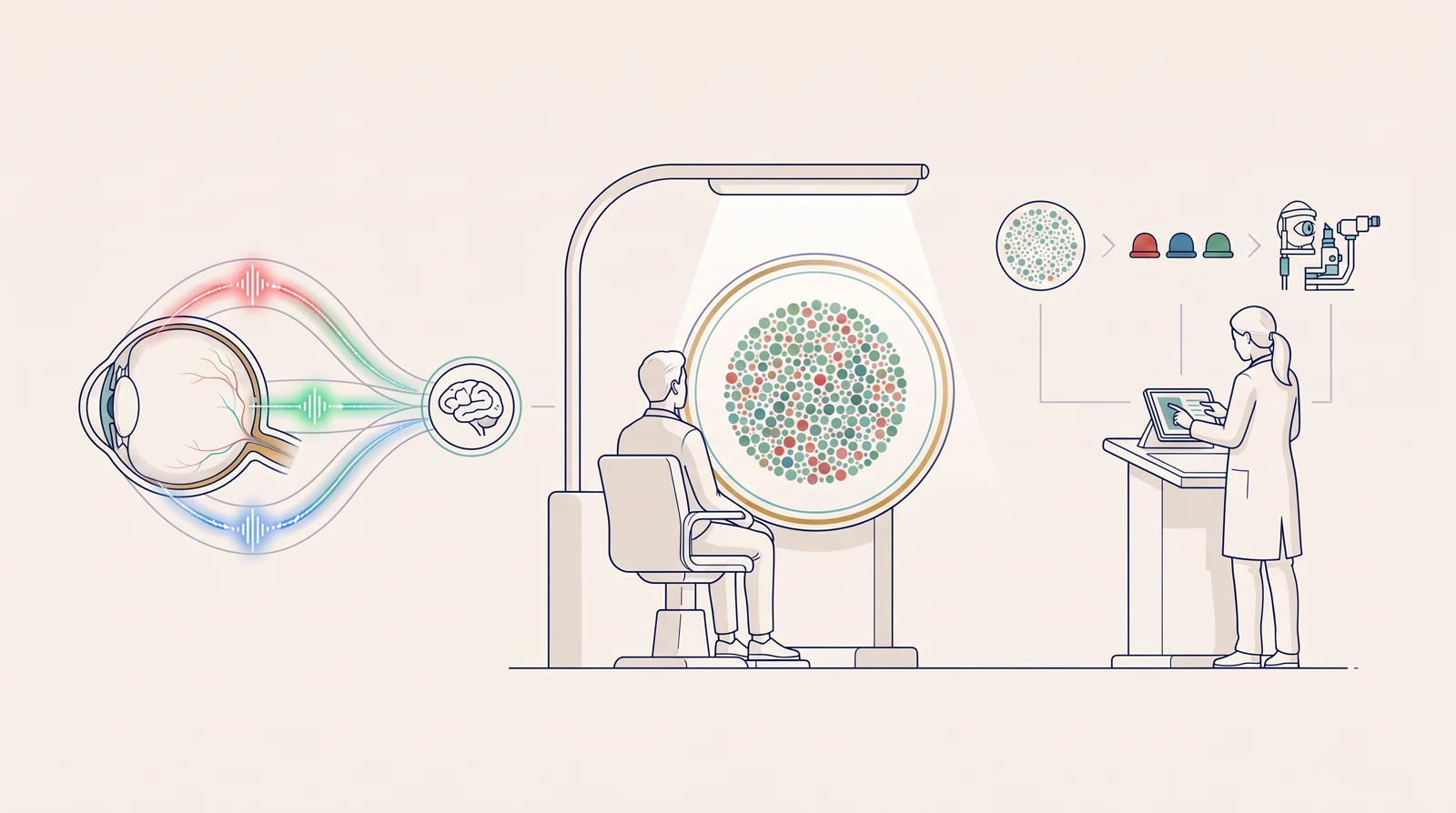 Ilustração clínica mostrando olho, vias visuais, pessoa observando campo abstrato de pontos coloridos e etapas de triagem, teste complementar e avaliação oftalmológica.