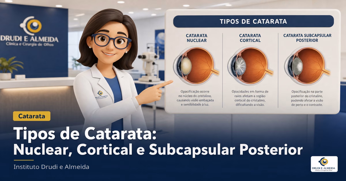 Capa ilustrativa do artigo "Tipos de Catarata: Nuclear, Cortical, Subcapsular e Congênita" sobre catarata no blog da Drudi e Almeida Oftalmologia.