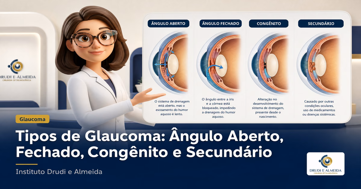 Capa ilustrativa do artigo "Tipos de Glaucoma: Ângulo Aberto, Fechado, Congênito e Secundário" sobre glaucoma no blog da Drudi e Almeida Oftalmologia.