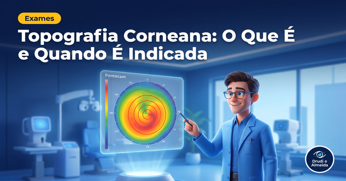 Capa ilustrativa do artigo "Topografia Corneana: O Que É, Como Funciona e Quando É Indicada" sobre exames no blog da Drudi e Almeida Oftalmologia.