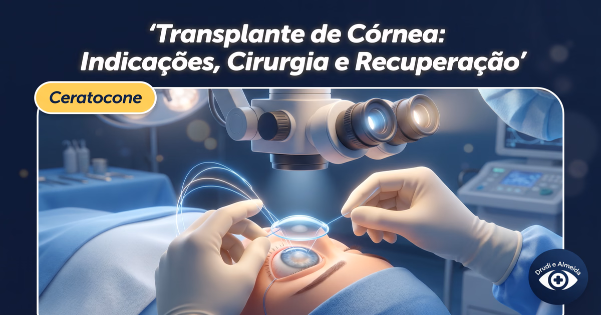 Capa ilustrativa do artigo "Transplante de Córnea: Indicações, Cirurgia e Recuperação" sobre ceratocone no blog da Drudi e Almeida Oftalmologia.