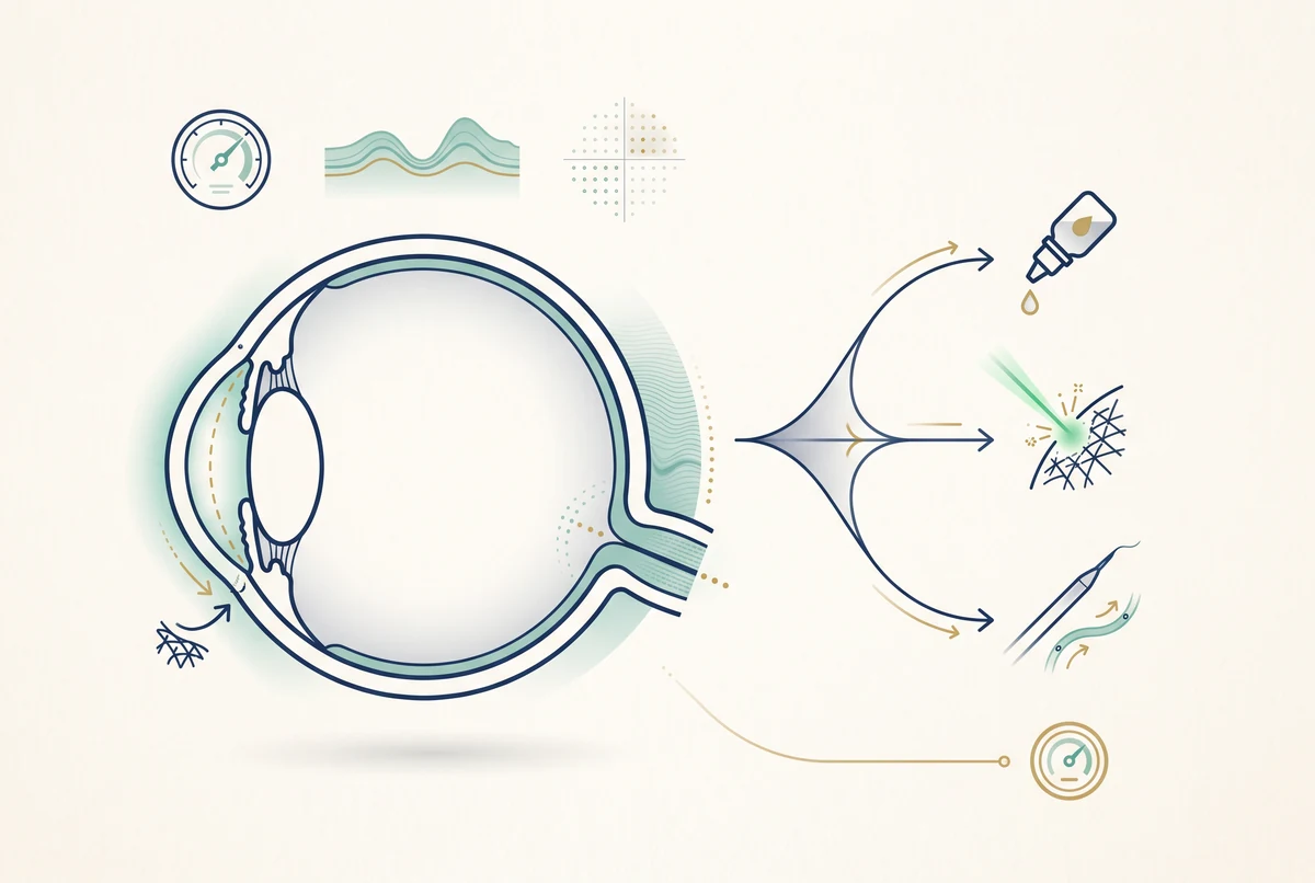 Ilustração clínica original de um olho e das vias individualizadas de tratamento do glaucoma: colírio, laser e cirurgia