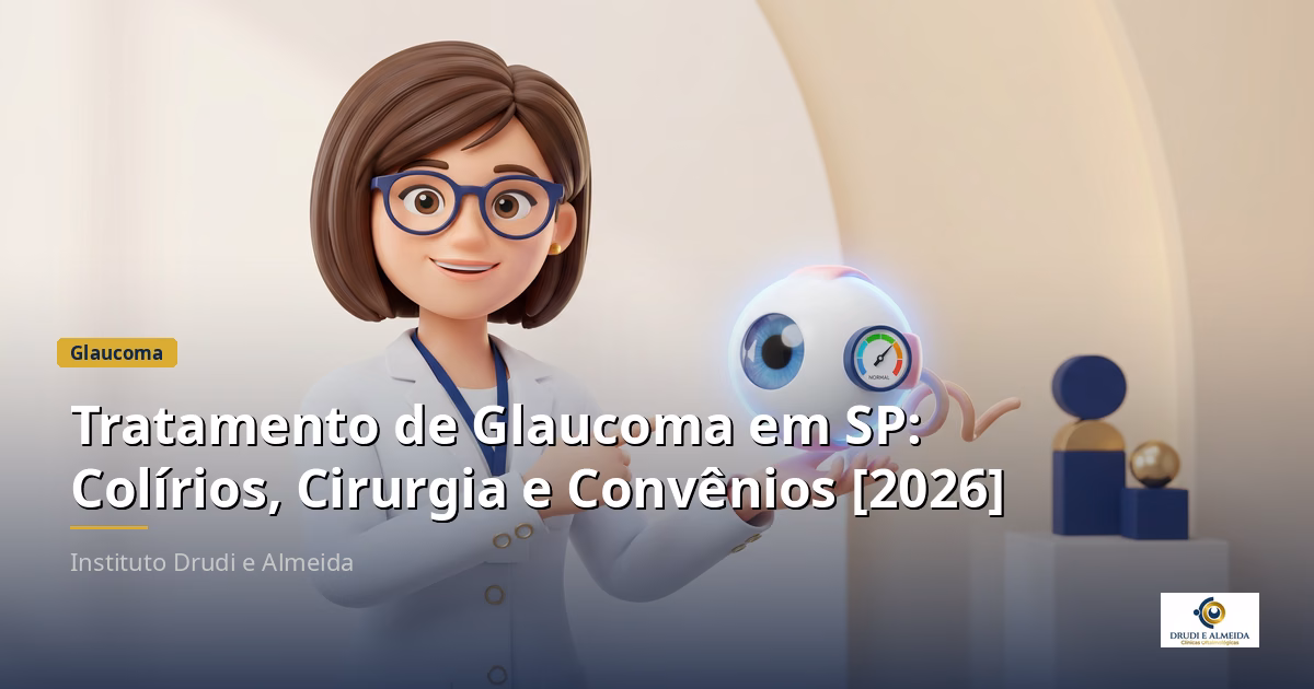 Capa ilustrativa do artigo "Tratamento de Glaucoma em SP: Colírios, Cirurgia e Convênios [2026]" sobre glaucoma no blog da Drudi e Almeida Oftalmologia.