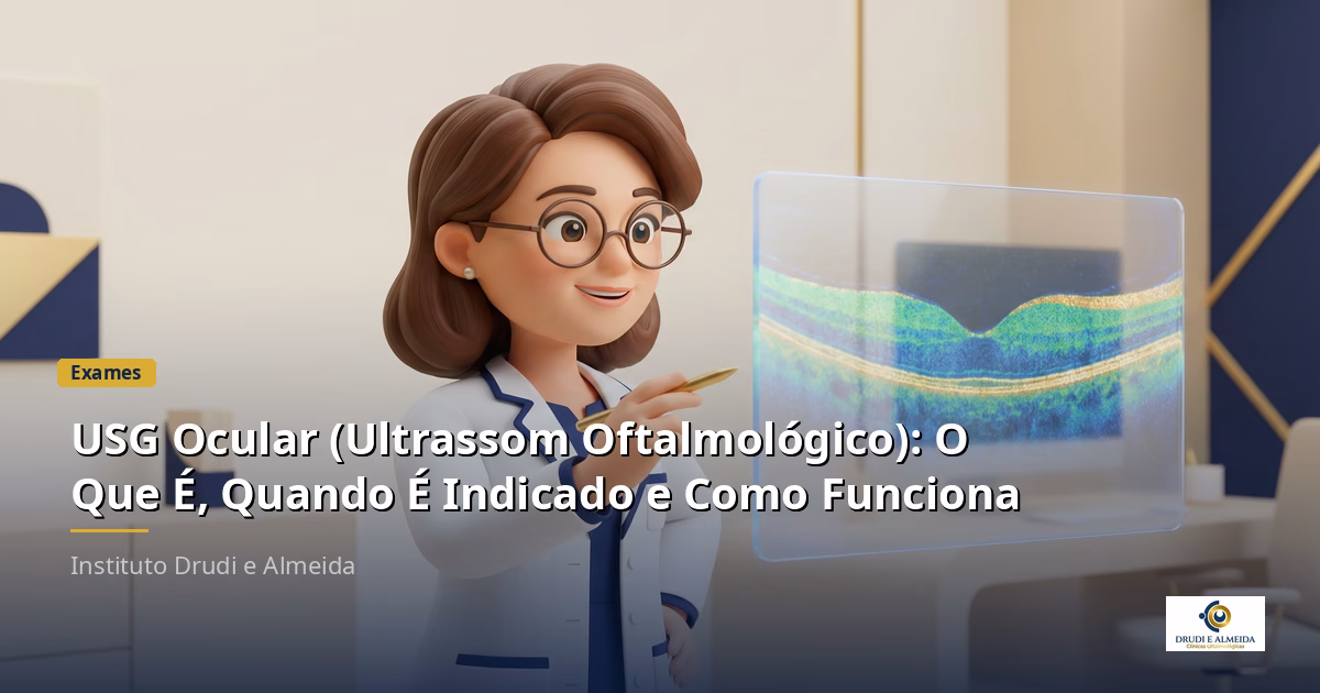 Capa ilustrativa do artigo "USG Ocular (Ultrassom Oftalmológico): O Que É, Quando É Indicado e Como Funciona" sobre exames no blog da Drudi e Almeida Oftalmologia.