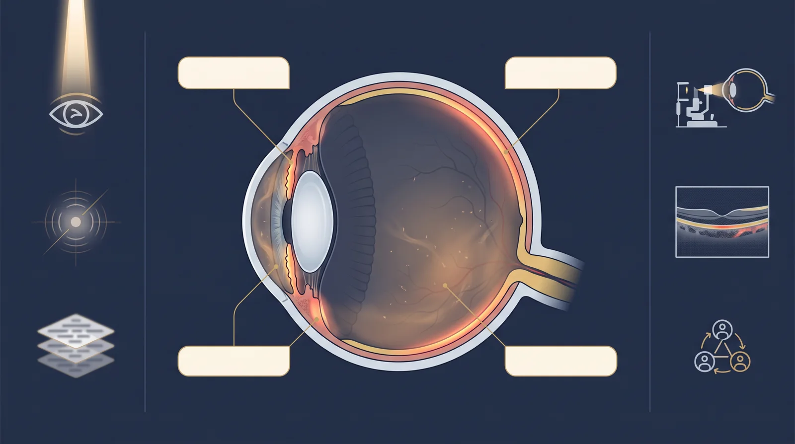 Prancha clínica de uveíte com olho em corte, estruturas intraoculares destacadas e símbolos de avaliação oftalmológica.