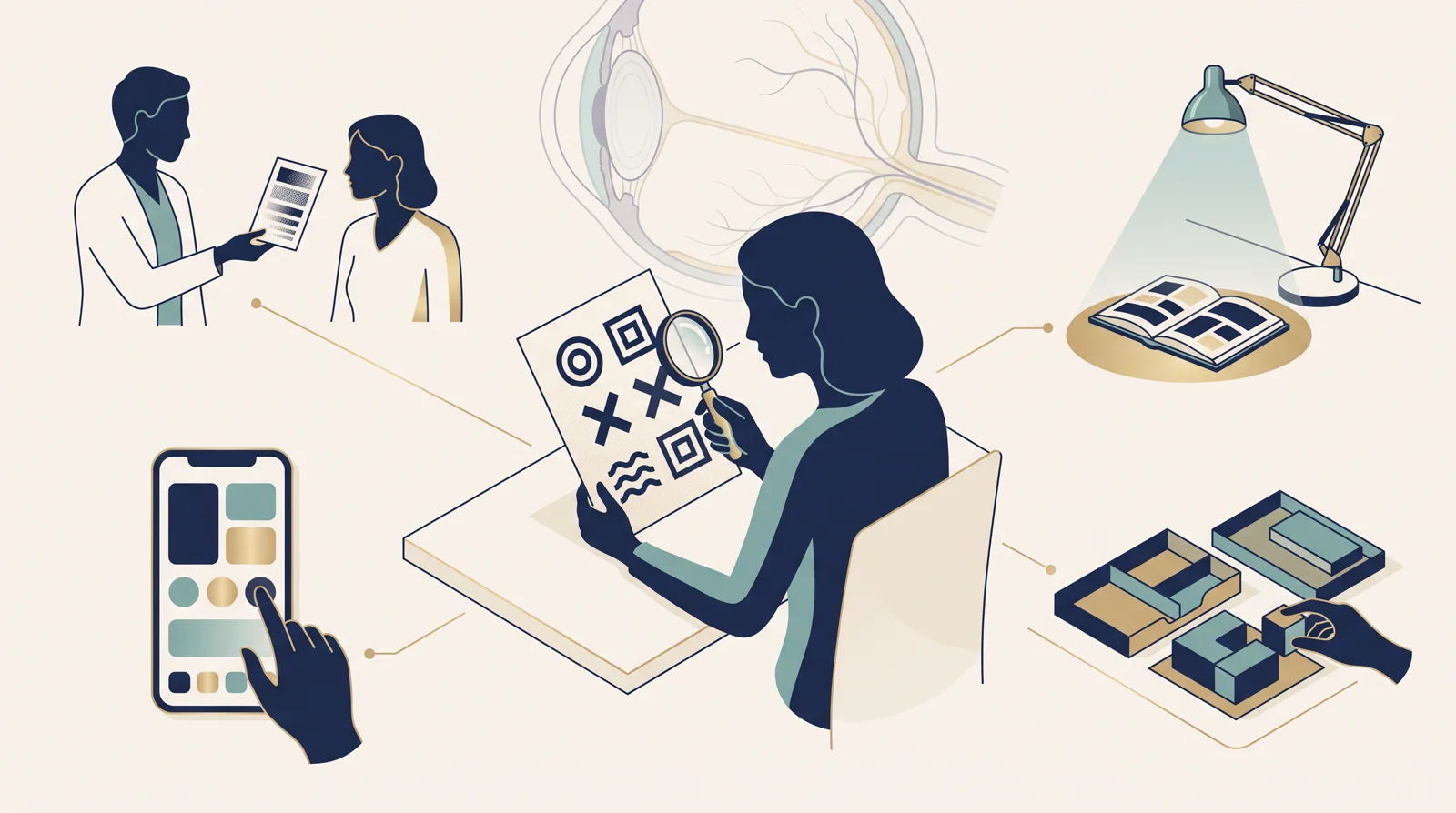 Ilustração clínica de uma pessoa usando lupa diante de símbolos ampliados, cercada por cenas de avaliação funcional, iluminação para leitura, recurso de tela e organização do ambiente.