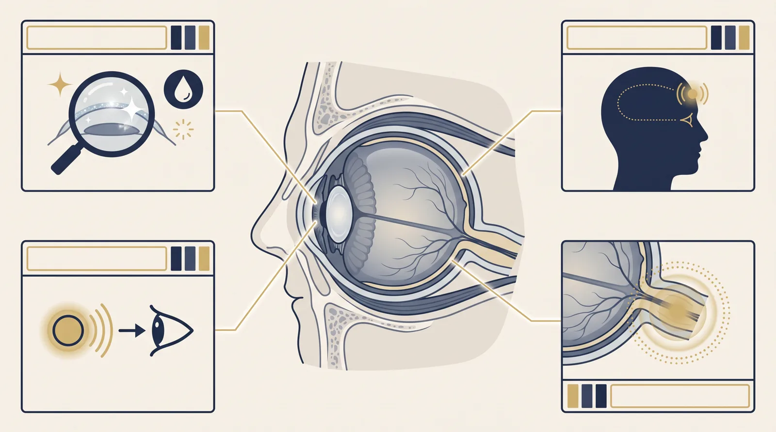 Prancha clínica ilustrando o olho em corte lateral, a superfície ocular, a órbita e áreas de dor referida